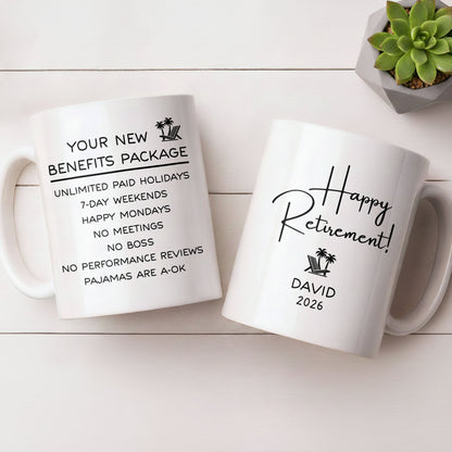 Happy Retirement Our New Benefits Package With Beach Chair And Palm Trees - Personalized Custom Coffee Mug - RETIRE031_MG
