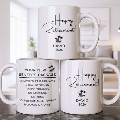 Happy Retirement Our New Benefits Package With Beach Chair And Palm Trees - Personalized Custom Coffee Mug - RETIRE031_MG