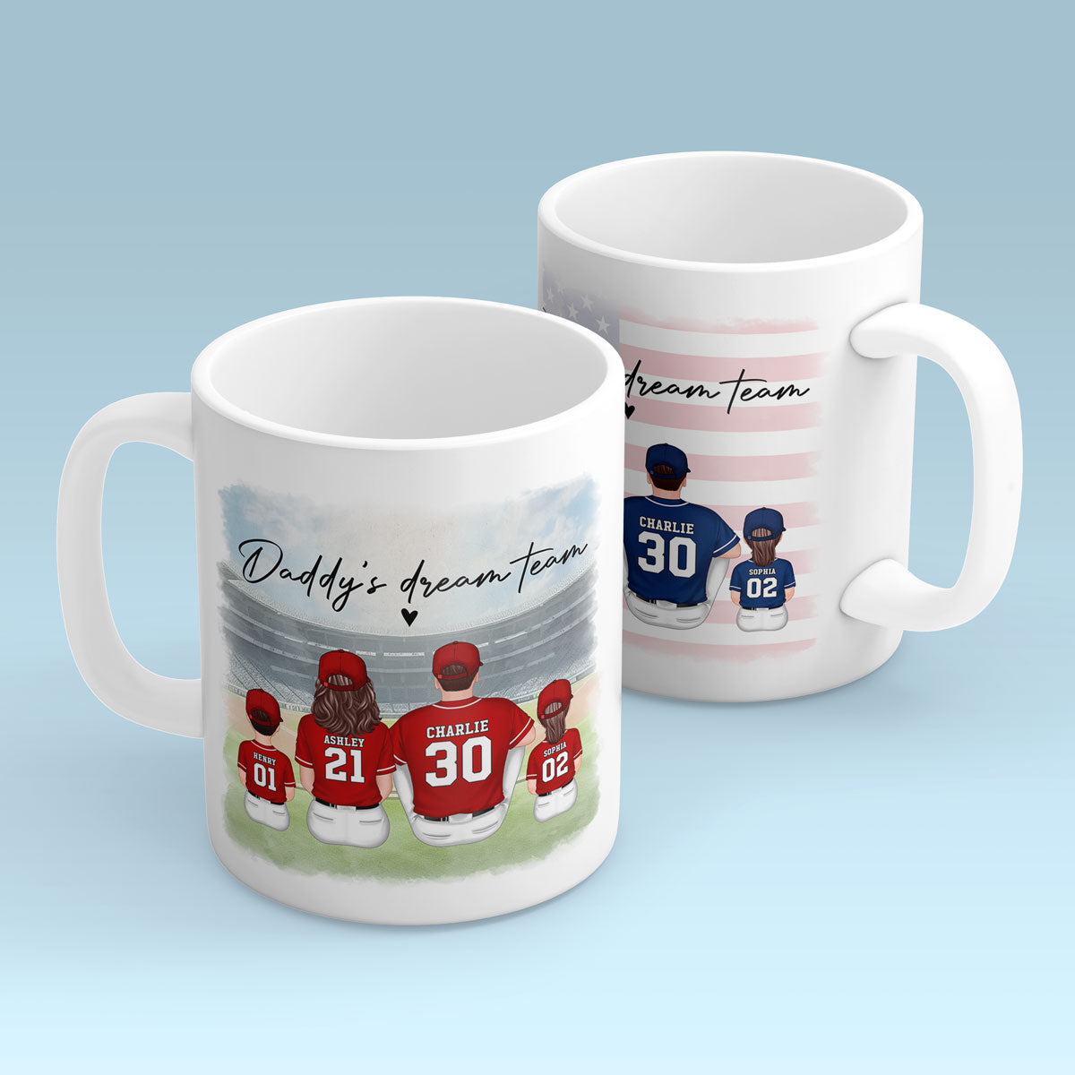 Daddy's Team Baseball Family Sitting Personalized Mug, Gift For Dad, Grandpa, Husband