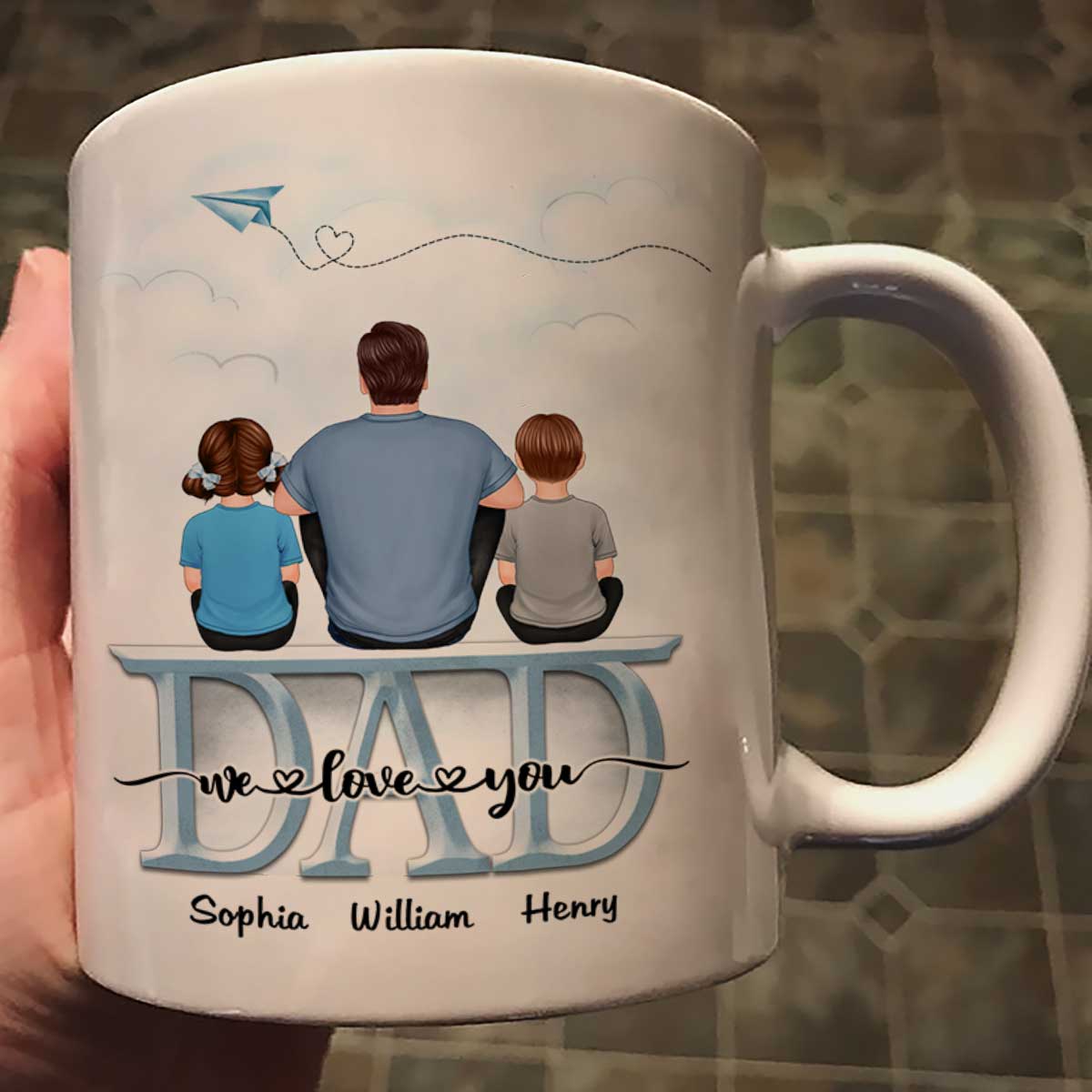 Back View Dad And Children Sitting On Word Father's Day Gift Personalized Mug