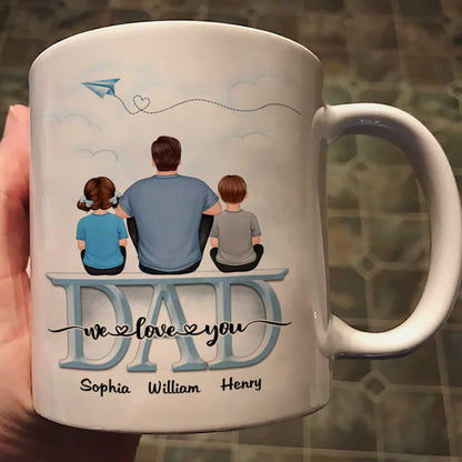 Back View Dad And Children Sitting On Word Father's Day Gift Personalized Mug