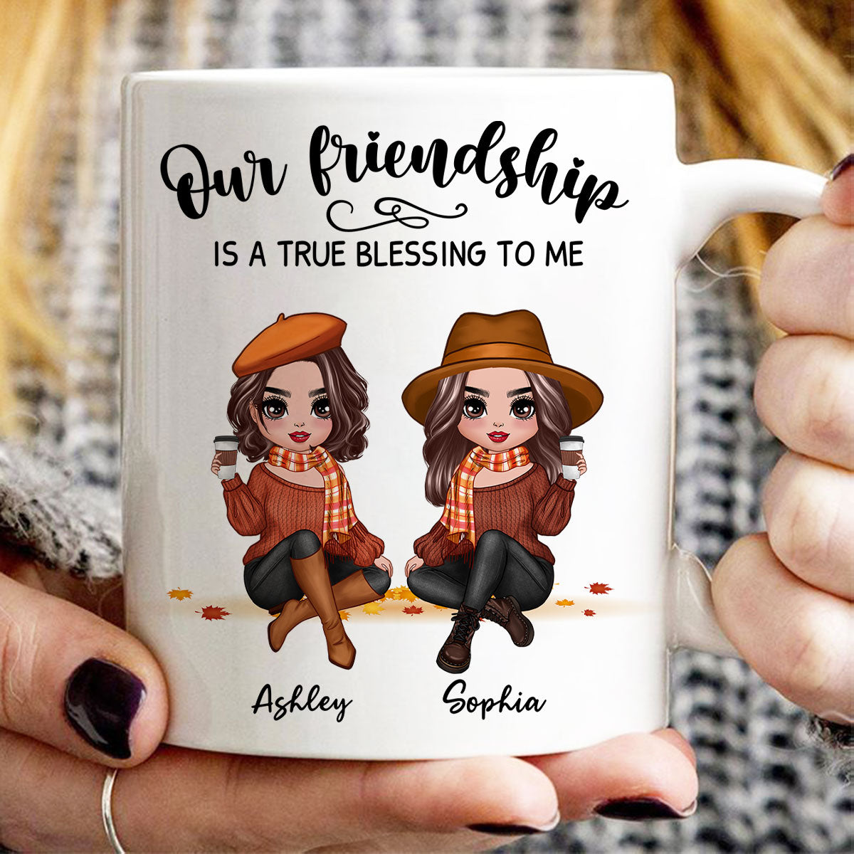 Our Friendship Is True Blessing Fall Season Pretty Besties Sisters Sitting Personalized Mug