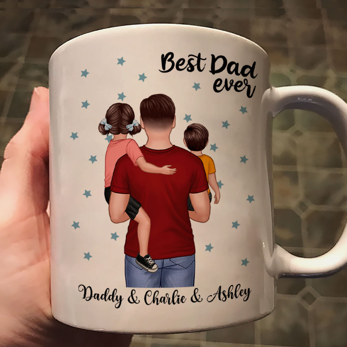 Dad Holding Kids Blue Stars Father's Day Gift Personalized Mug