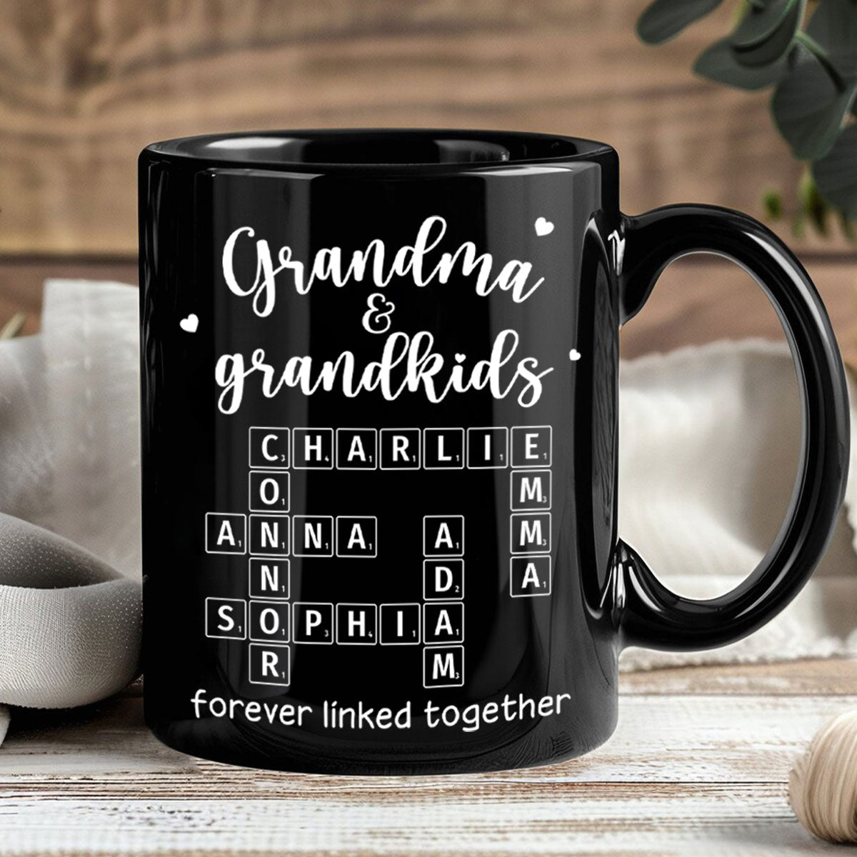 Grandma Grandpa & Grandkids Forever Linked Together Crossword Puzzle Personalized Mug