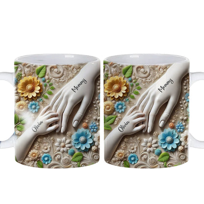 Daughter Son Holding Mother Hand Personalized 3D Effect Mug, Gift for Mom, Grandma