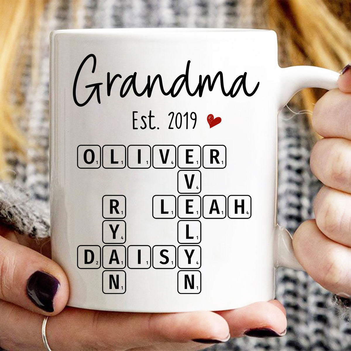 Grandma Mom Est. Crossword Puzzle Art Personalized Mug