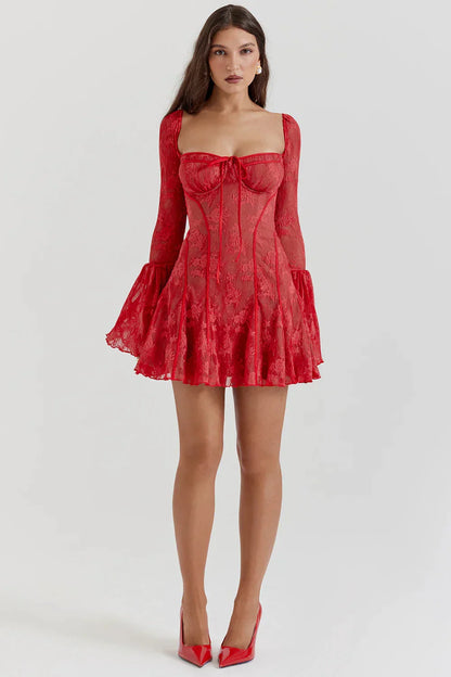 Long Sleeve Lace Square Neck Mini Dress