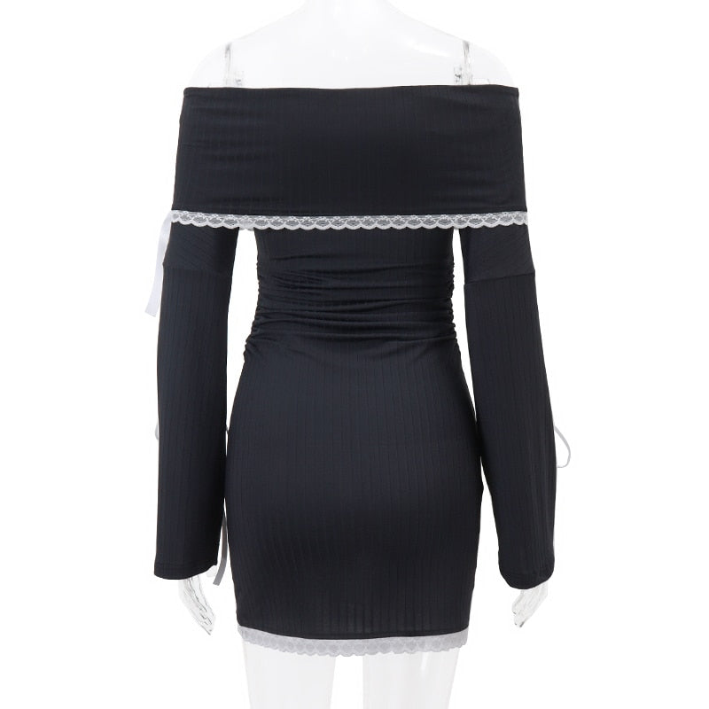 Black Long Sleeve Off-shoulder Bow Mini Dress