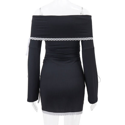 Black Long Sleeve Off-shoulder Bow Mini Dress