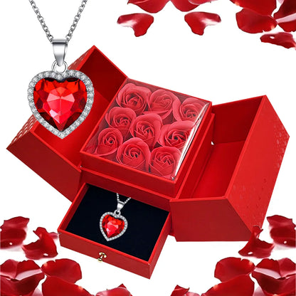 Heart-Shaped Pendant Necklace with Red Rose Gift Box