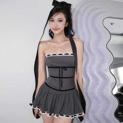Grey Tube Lace Strap Mini Dress