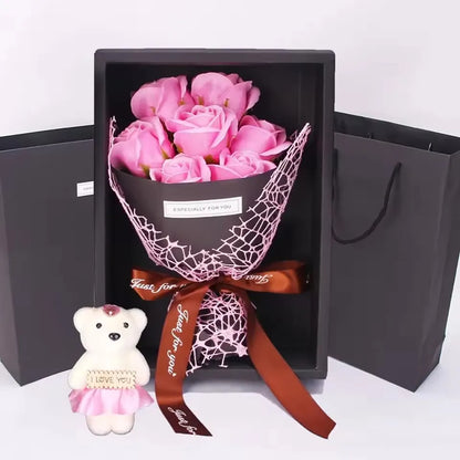7-Rose Soap Bouquet with Little Bear Gift Box Handmade for Valentine's Day and Special Occasions