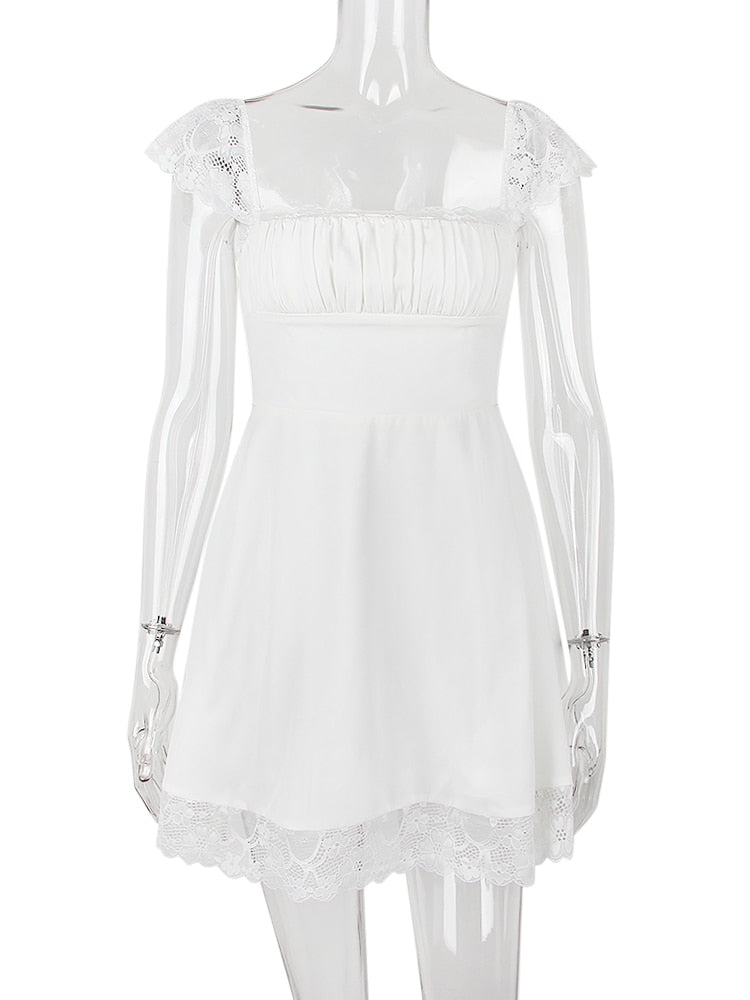 Lace Trim Square Neck Frill Mini Dress