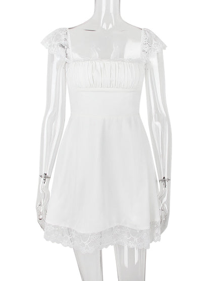 Lace Trim Square Neck Frill Mini Dress