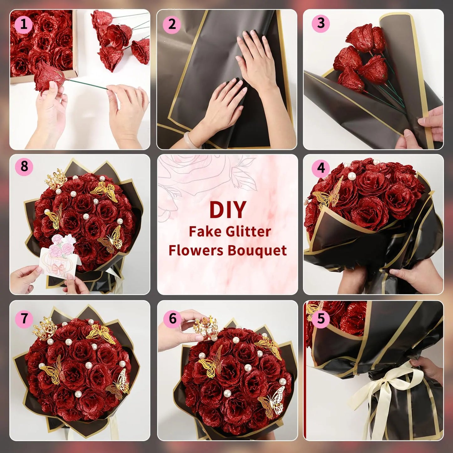Glitter Artificial Rose Bouquet for Gifts and Decoration