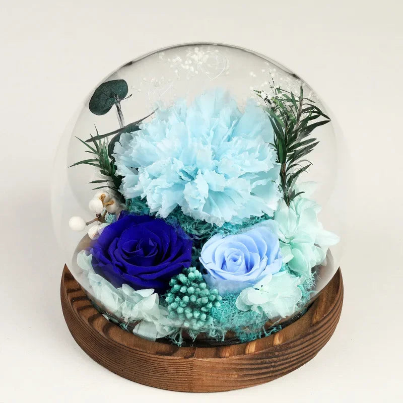 Preserved Red Rose and Carnation Dome with Wooden Base