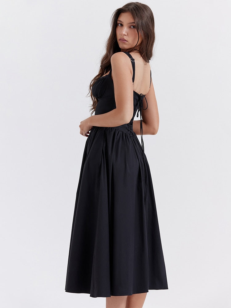 Strappy Corset Flowy Midi Dress With Pocket