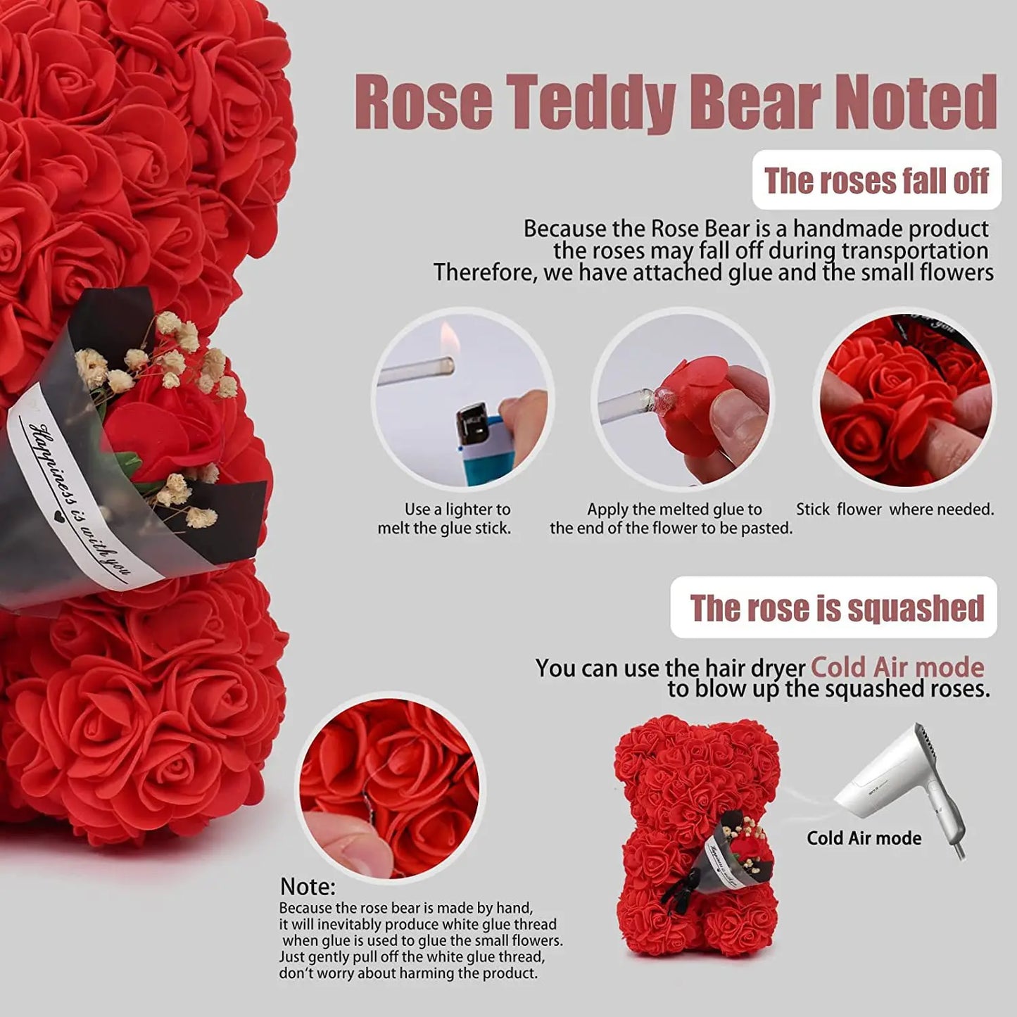 Rose Bear with Flower Bouquet 24cm