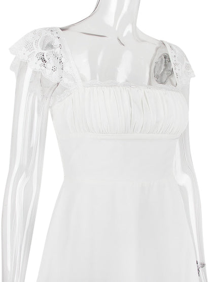 Lace Trim Square Neck Frill Mini Dress