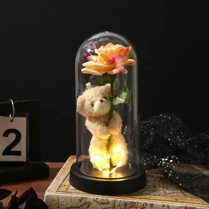Eternal Rose in Glass Dome with Bear Gift for Special Occasions