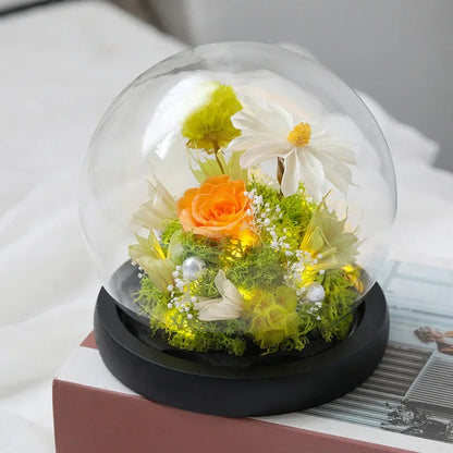 Preserved Red Rose and Carnation Dome with Wooden Base