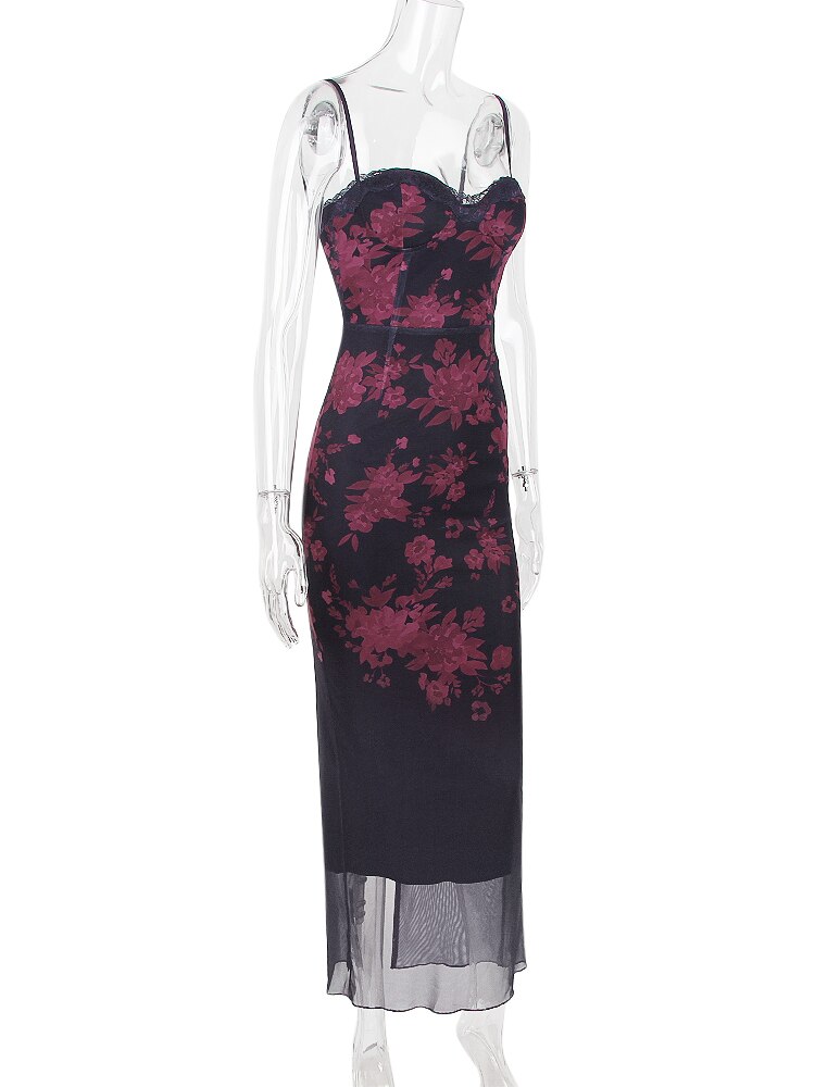 Purple Floral Print Mesh Strap Midi Dress