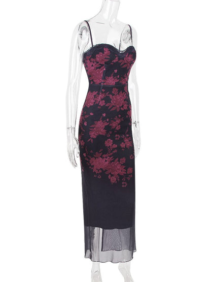 Purple Floral Print Mesh Strap Midi Dress