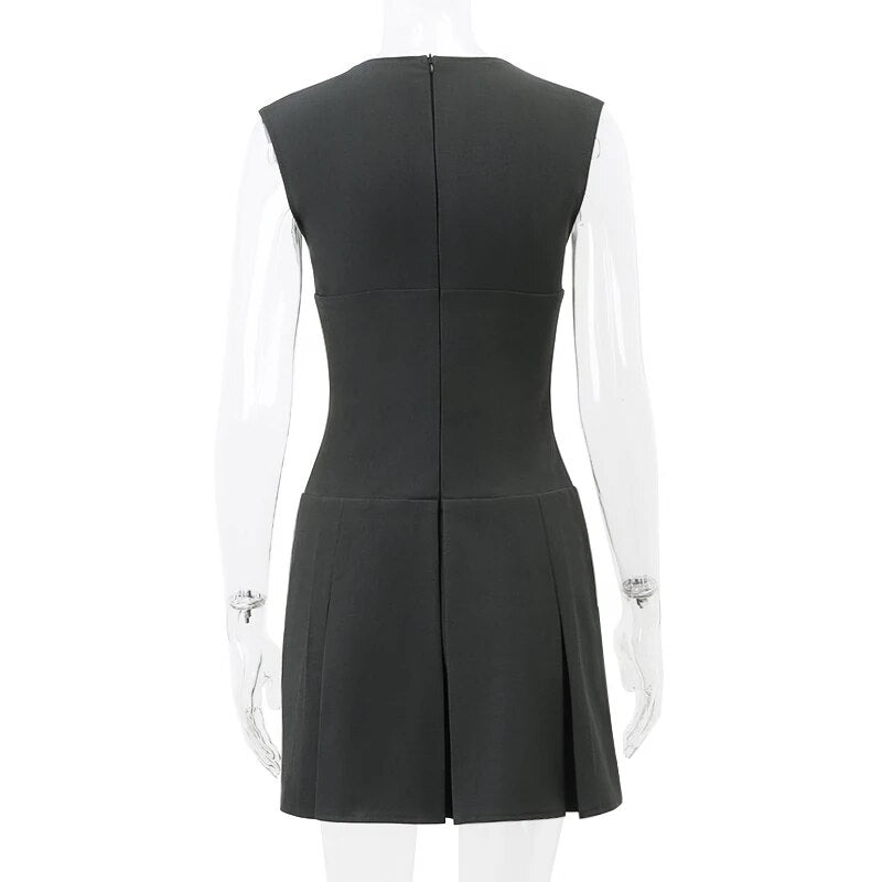 Grey Deep V-neck Sleeveless Pleated Mini Dress