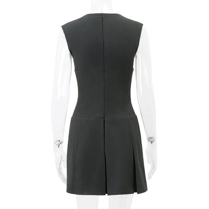 Grey Deep V-neck Sleeveless Pleated Mini Dress