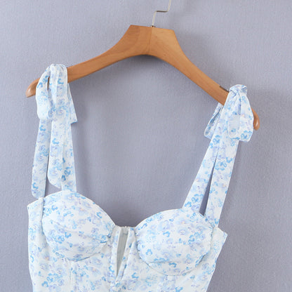 Blue Floral Bustier Tie Up Frill Mini Dress