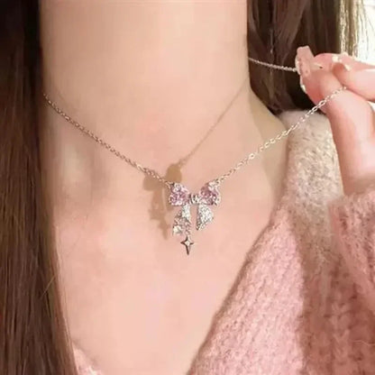 Pink Crystal Bow Pendant Necklace for Women