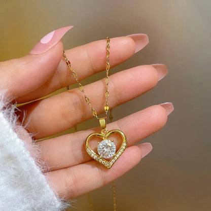 Golden Heart Pendant Necklace with Zircon Accent