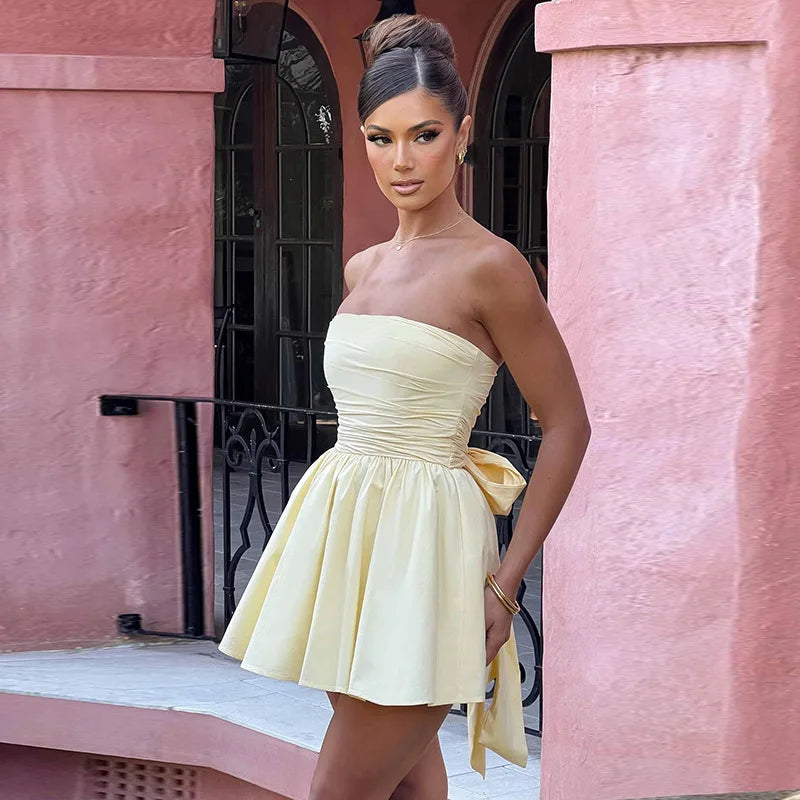 Tube Frill Ruched Bow Mini Dress