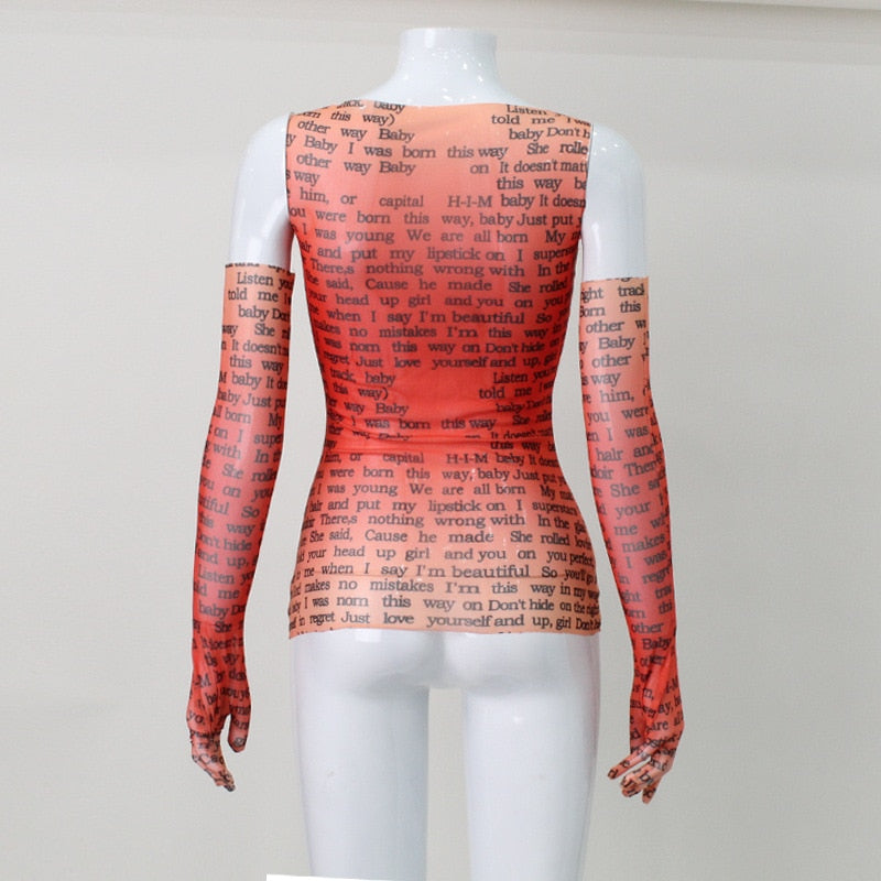 Mesh Letter Print Sleeveless Top With Gloves