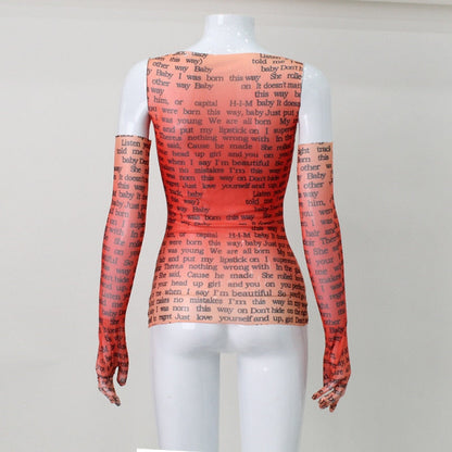 Mesh Letter Print Sleeveless Top With Gloves