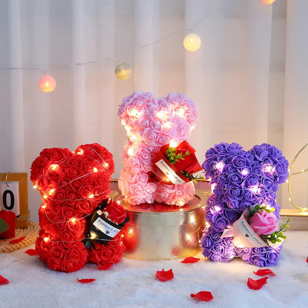25cm Teddy Rose Bear with Lighted Box Artificial Flower Gift for Valentine's Day and Special Occasions