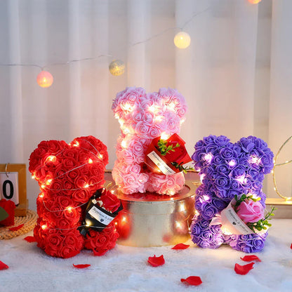25cm Teddy Rose Bear with Lighted Box Artificial Flower Gift for Valentine's Day and Special Occasions