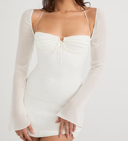 Mesh Long Sleeve Halter Strap Mini Dress