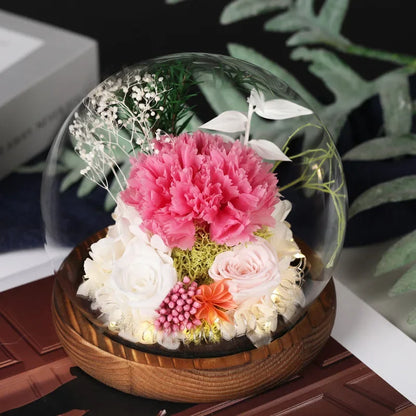 Preserved Red Rose and Carnation Dome with Wooden Base