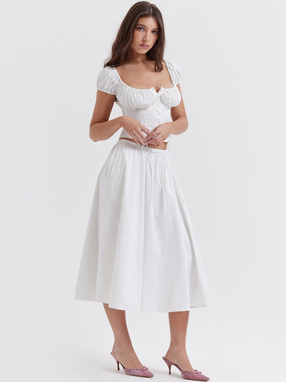 White Buttoned Drawstring Crop Top and Midi Skirt Two Piece Set