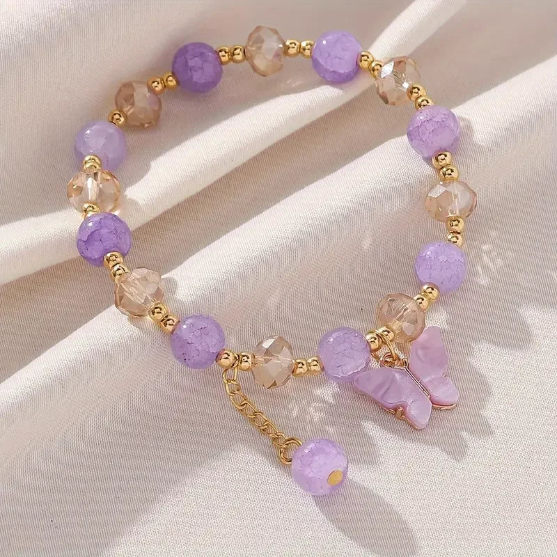 Purple Butterfly Beaded Stretch Bracelet