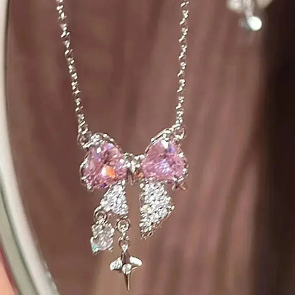 Pink Crystal Bow Pendant Necklace for Women