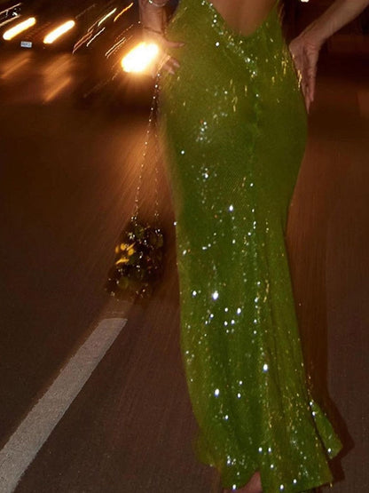 Green Sequin Backless Maxi Dress