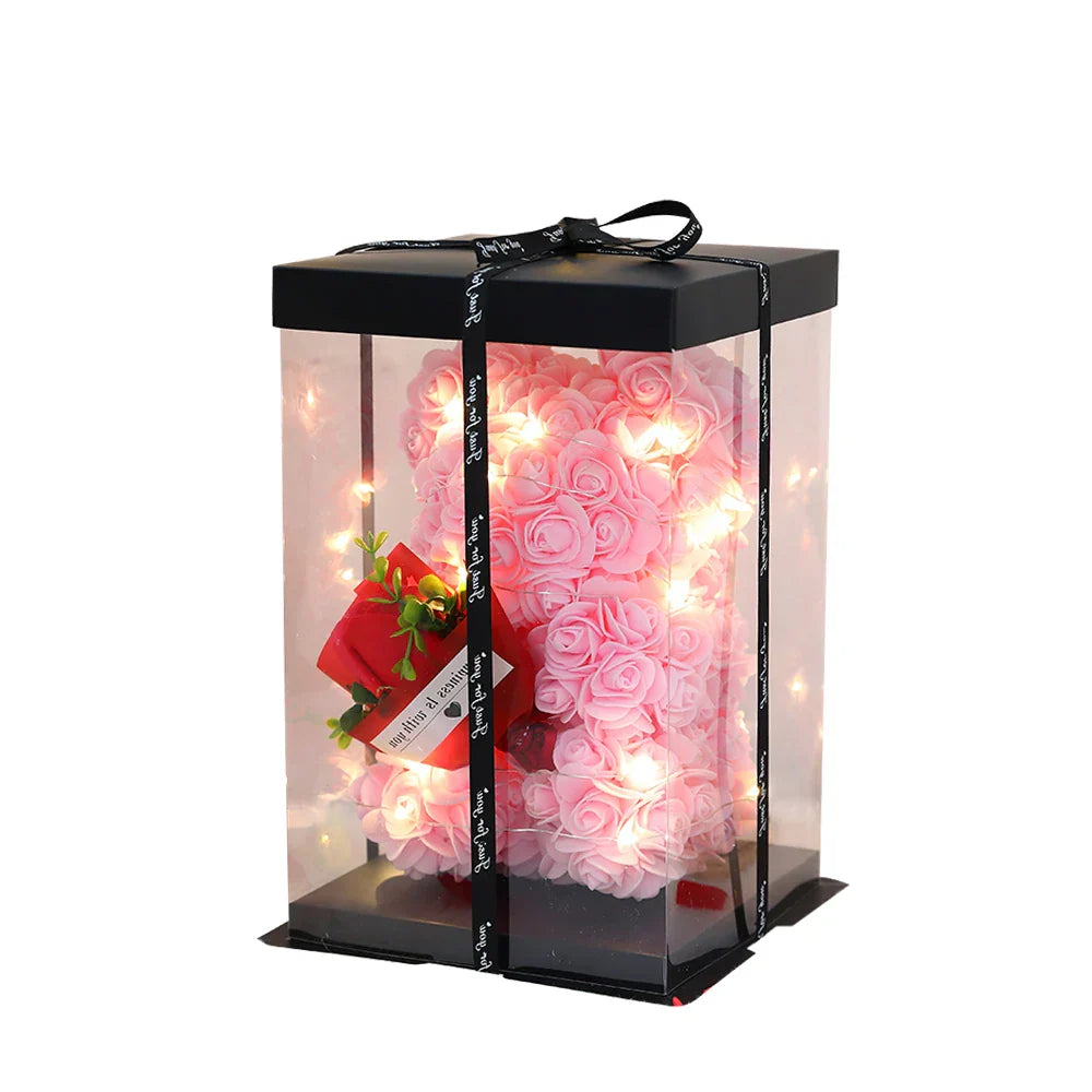 25cm Teddy Rose Bear with Lighted Box Artificial Flower Gift for Valentine's Day and Special Occasions