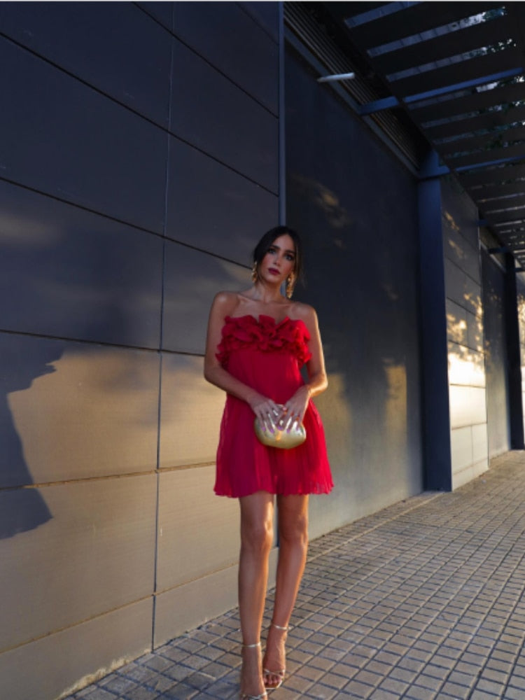 Red Ruffled Pleated Strapless Mini Dress