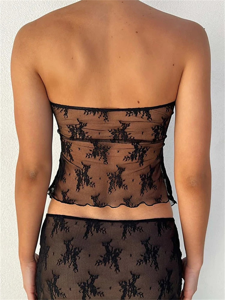 Lace Sheer Tube Tie Up Slit Top