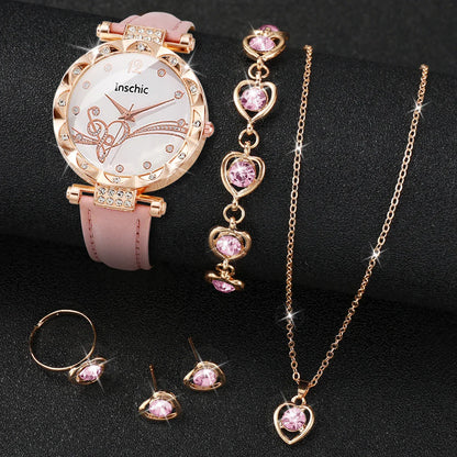 Rhinestone Heart Watch and Jewelry Set for Women
