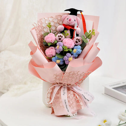 Handmade Crochet Flower Bouquet with Sunflower, Rose, and Bear - Gift for Graduation, Birthday, or Christmas