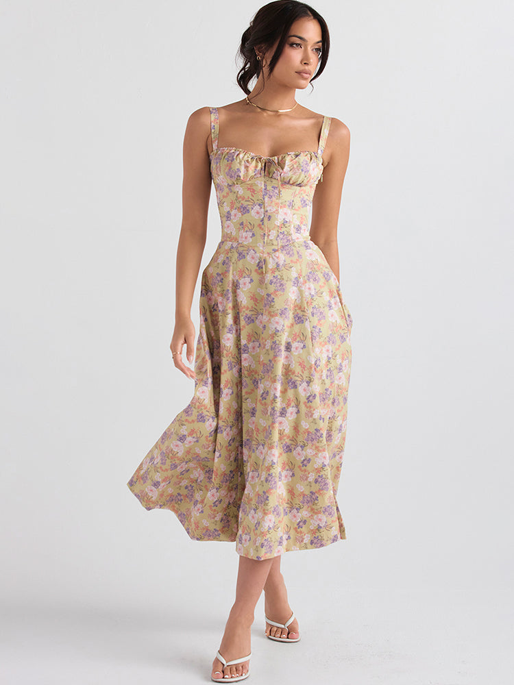Floral Print Tie-Up Strap Flowy Midi Dress
