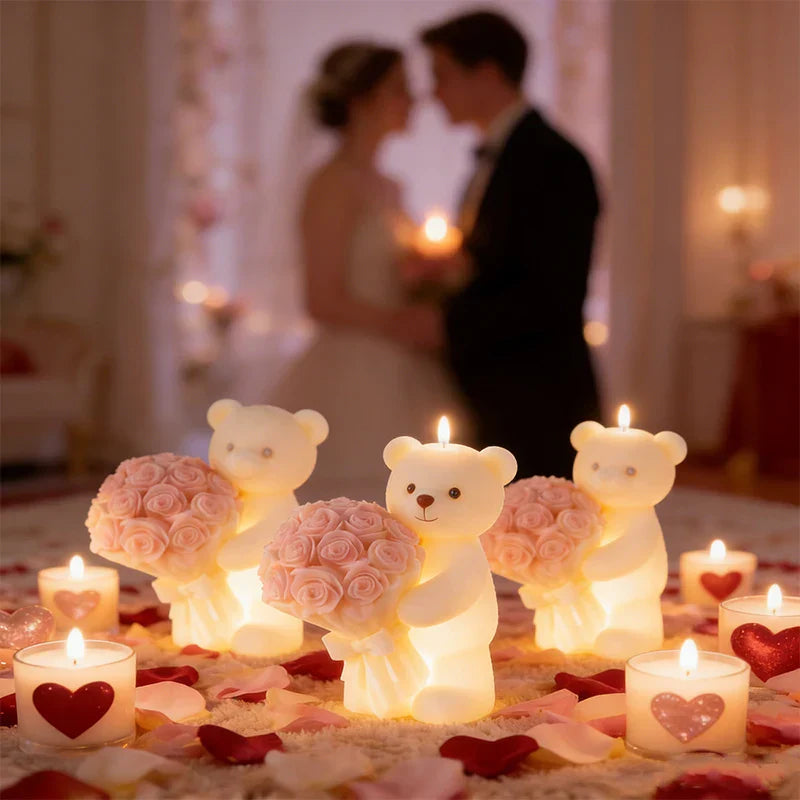 Teddy Bear Holding Rose Bouquet Silicone Mold - Romantic Candle and Resin Casting for Valentine's Day